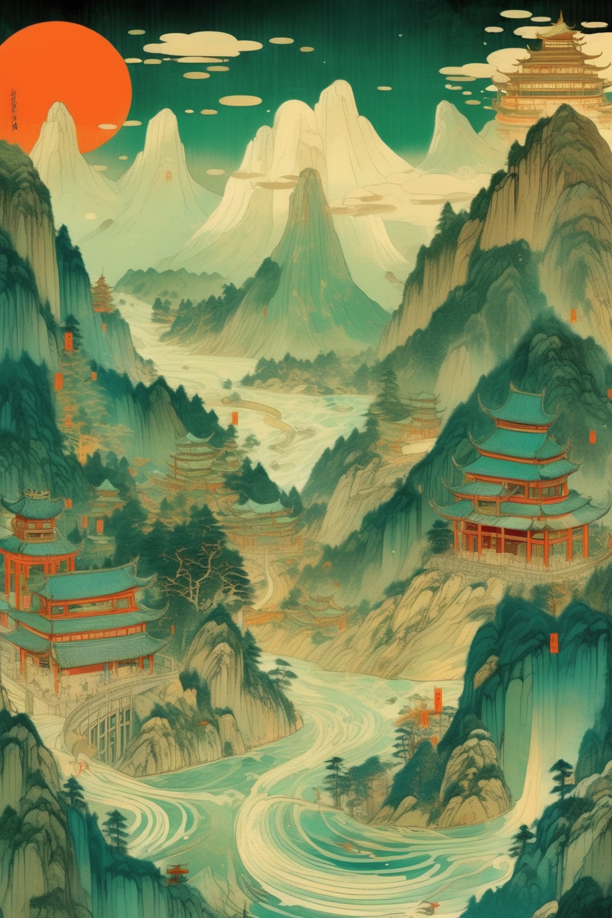 <lora:Victo Ngai Style:1>Victo Ngai Style - illustrated by Guochao, by Victo Ngai.The mountains of China are unbroken and ...